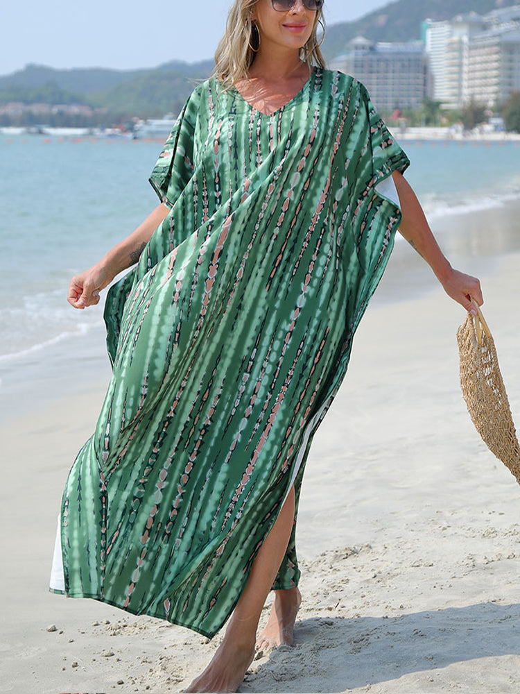 Robe caftan de plage imprimée pour femmes, manches courtes, grande taille, cache-maillot