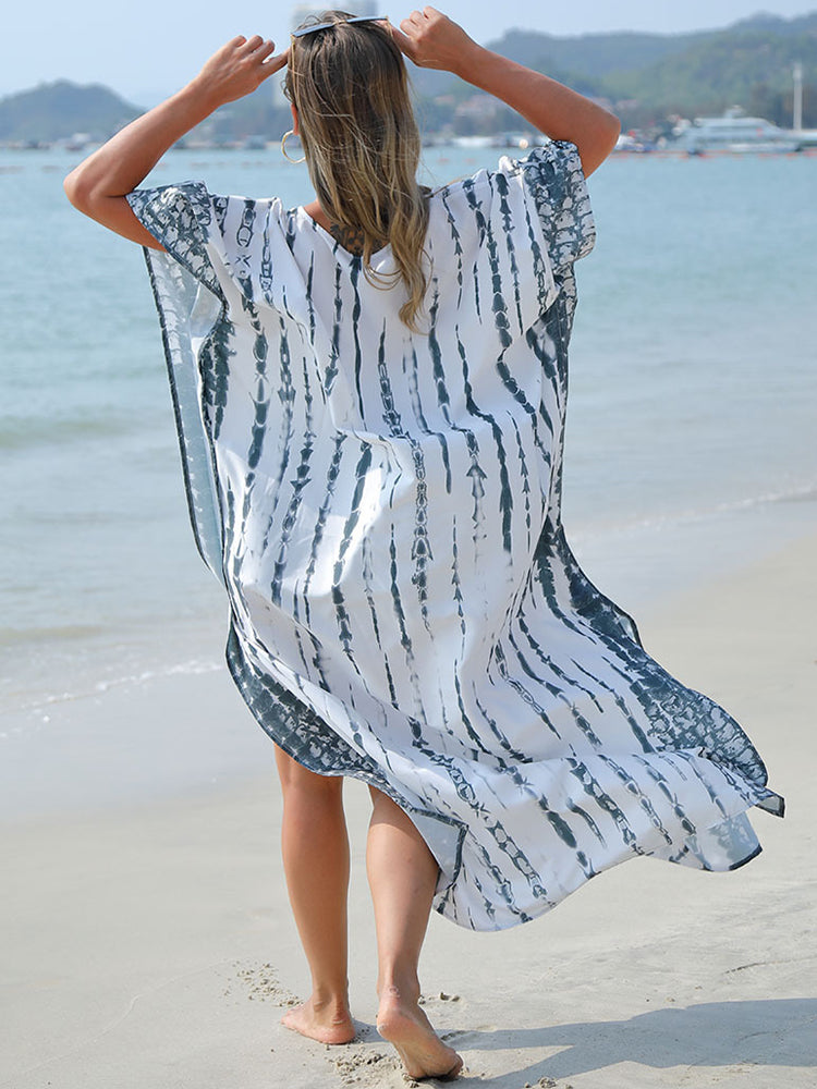 Robe caftan de plage imprimée pour femmes, manches courtes, grande taille, cache-maillot